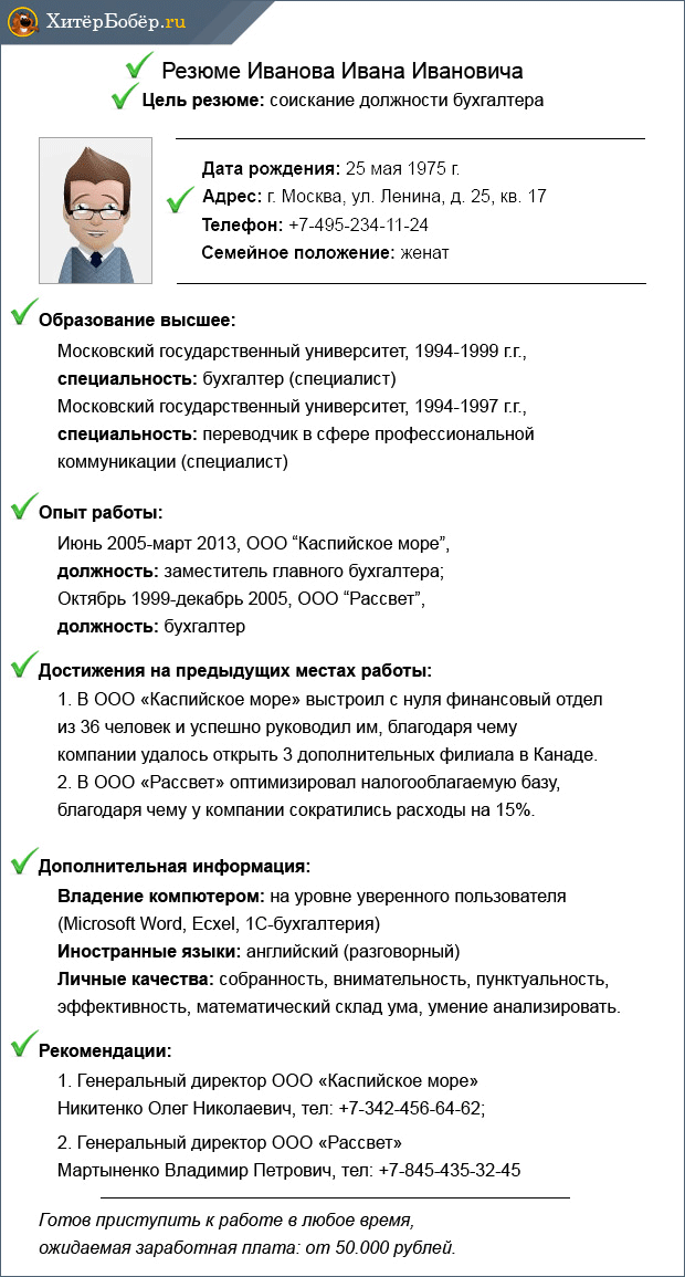 Стандартный бланк резюме на работу